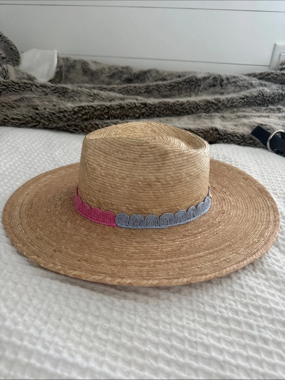 Natural Straw Sun Hat with Red and Pink Scalloped Band